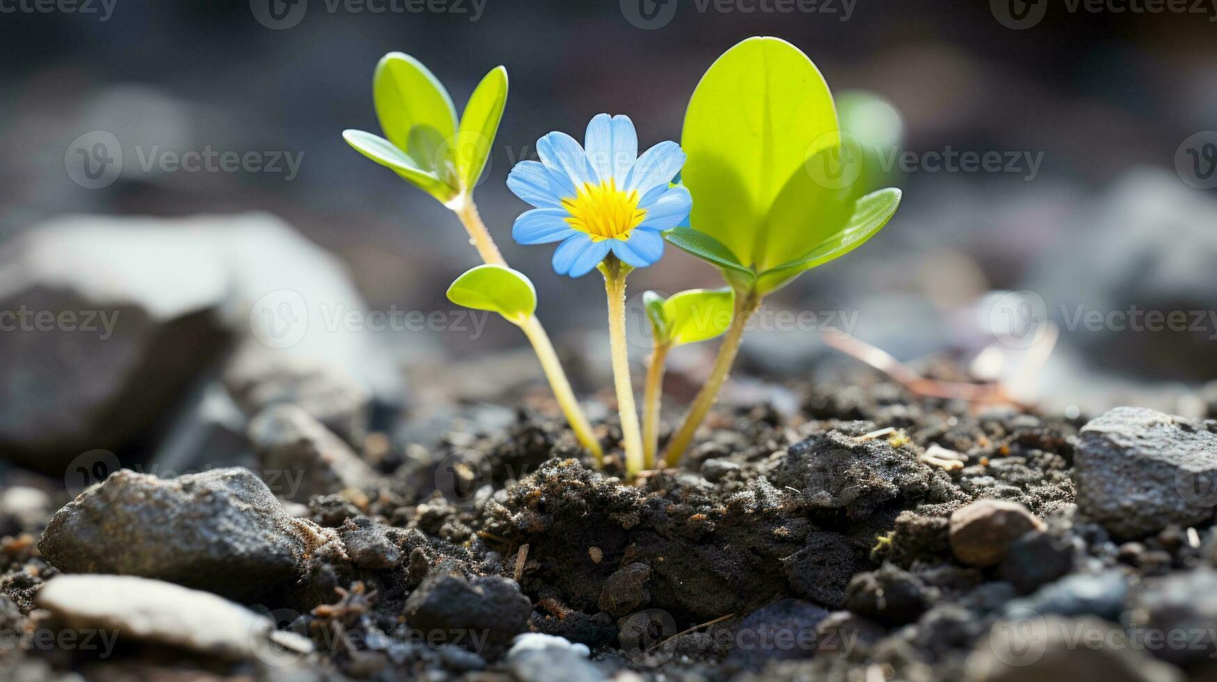 a small blue flower growing out of the ground generative ai photo