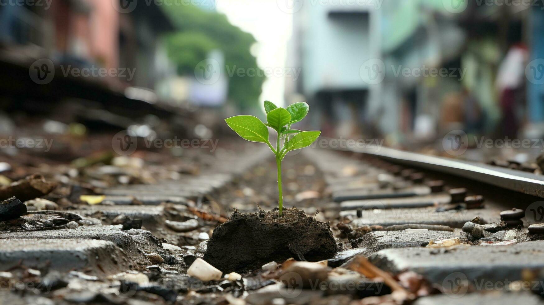 a small plant is growing out of the ground on a railroad track generative ai photo
