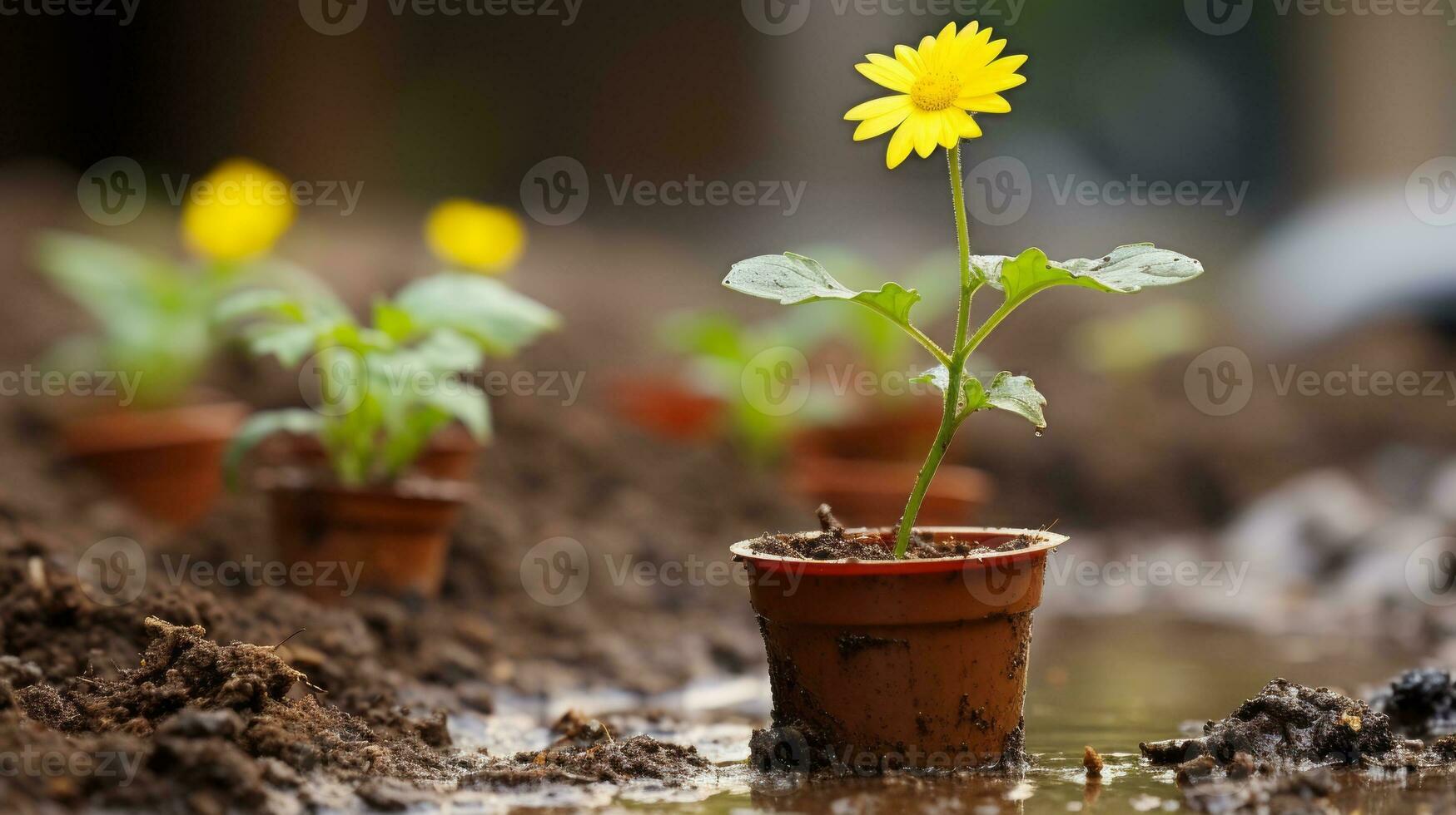 a small yellow flower is growing in a potted plant in the mud generative ai photo