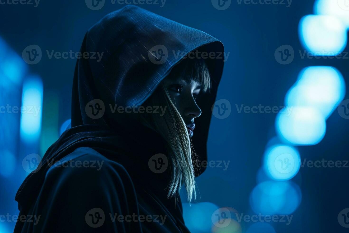 a woman in a black hoodie standing in the dark photo