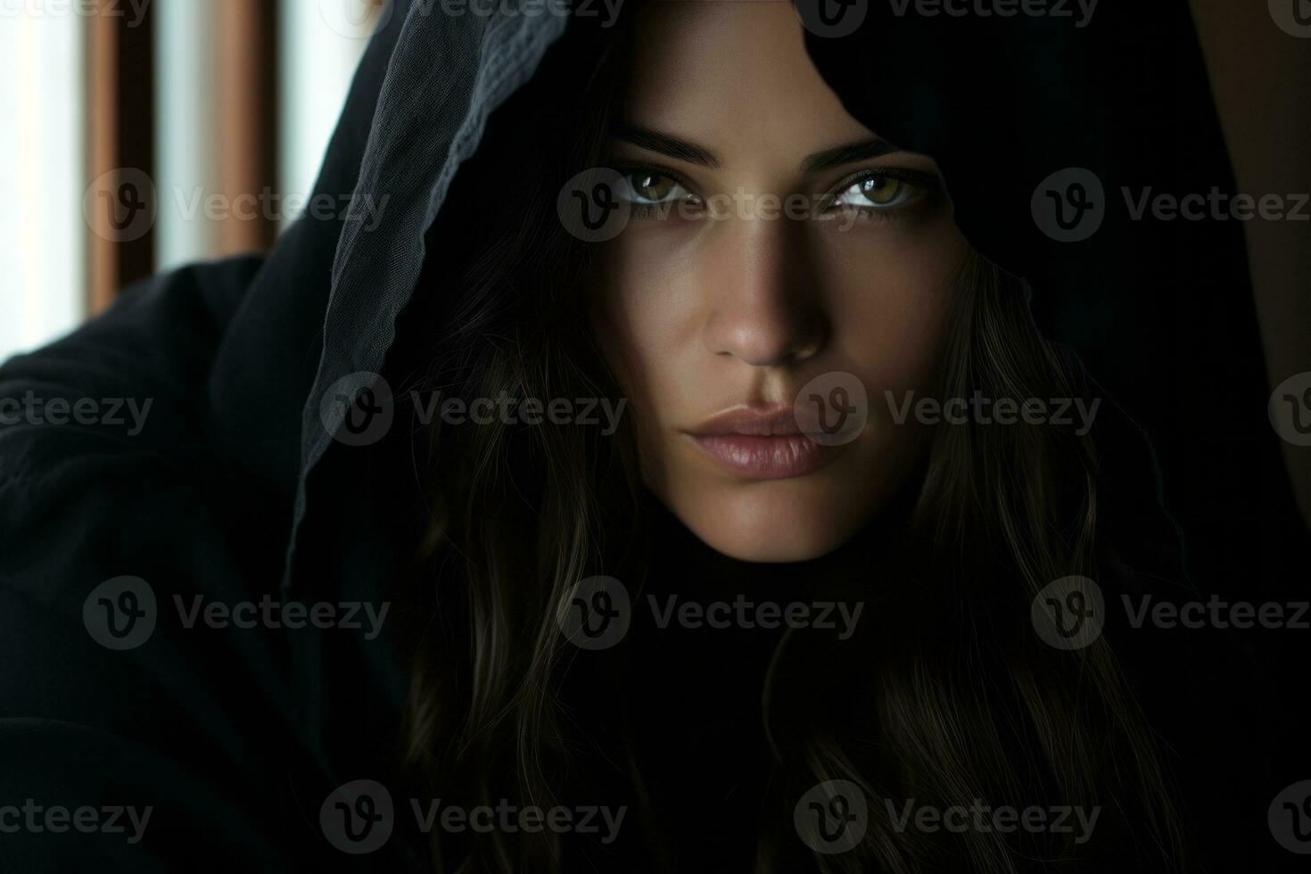 a woman in a black hoodie looking into the camera photo