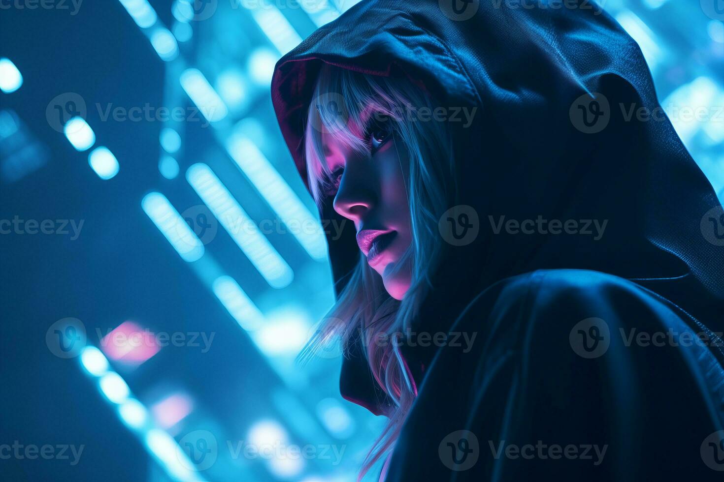 a woman in a black hoodie standing in front of neon lights generative ai photo