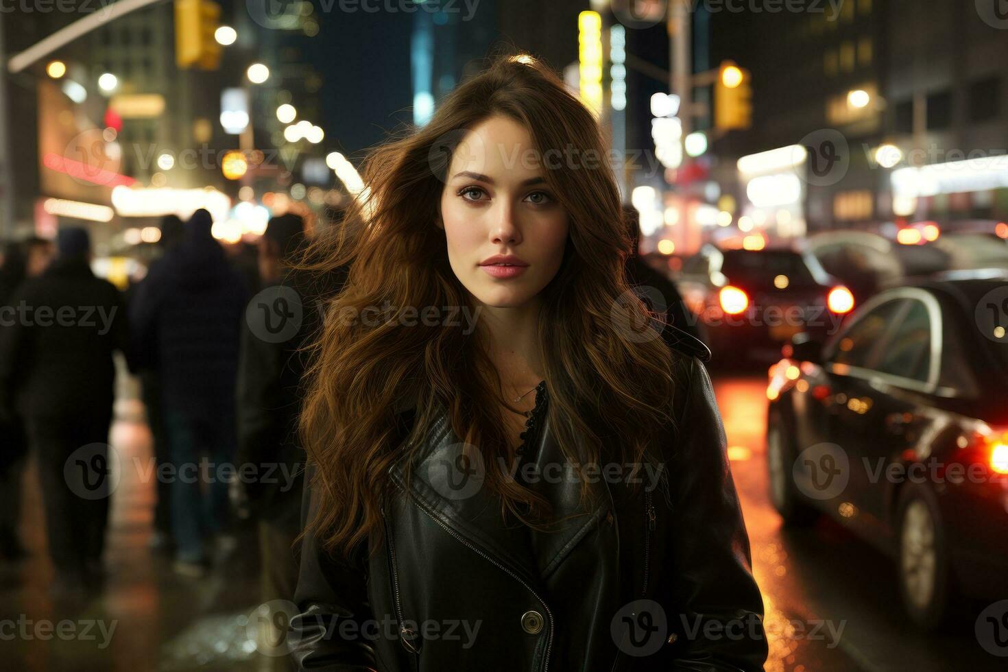 a woman in a black leather jacket standing in the middle of a busy city street at night generative ai photo