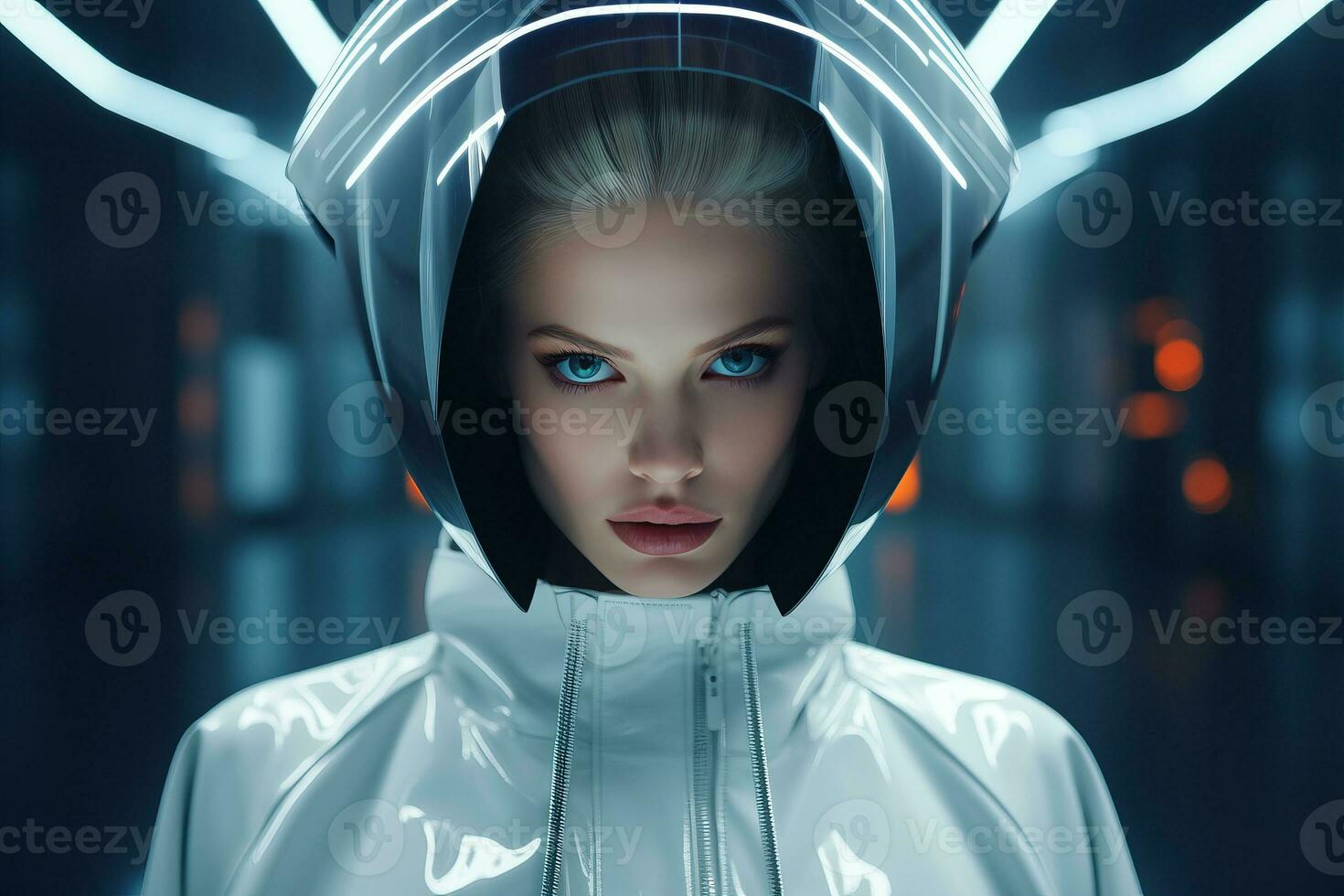 a woman in a futuristic suit and helmet generative ai photo