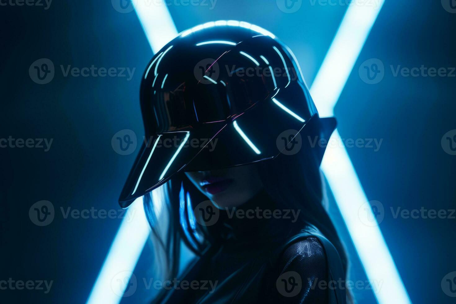 a woman in a helmet with neon lights behind her generative ai photo