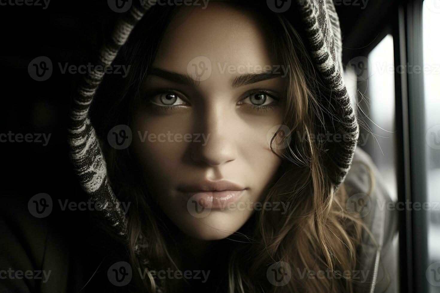a woman in a hoodie looking out the window generative ai photo