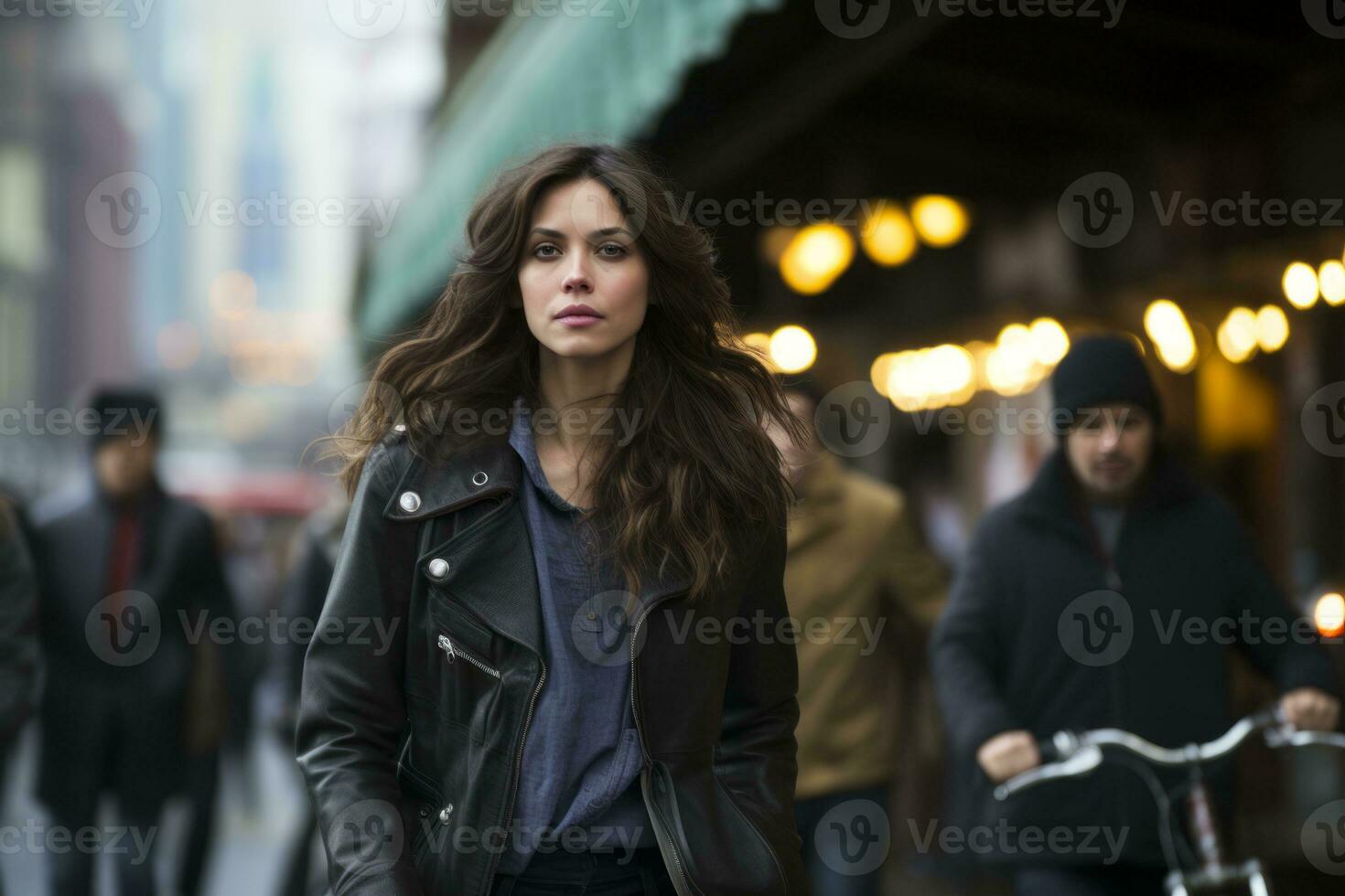 a woman in a leather jacket walking down a city street generative ai photo