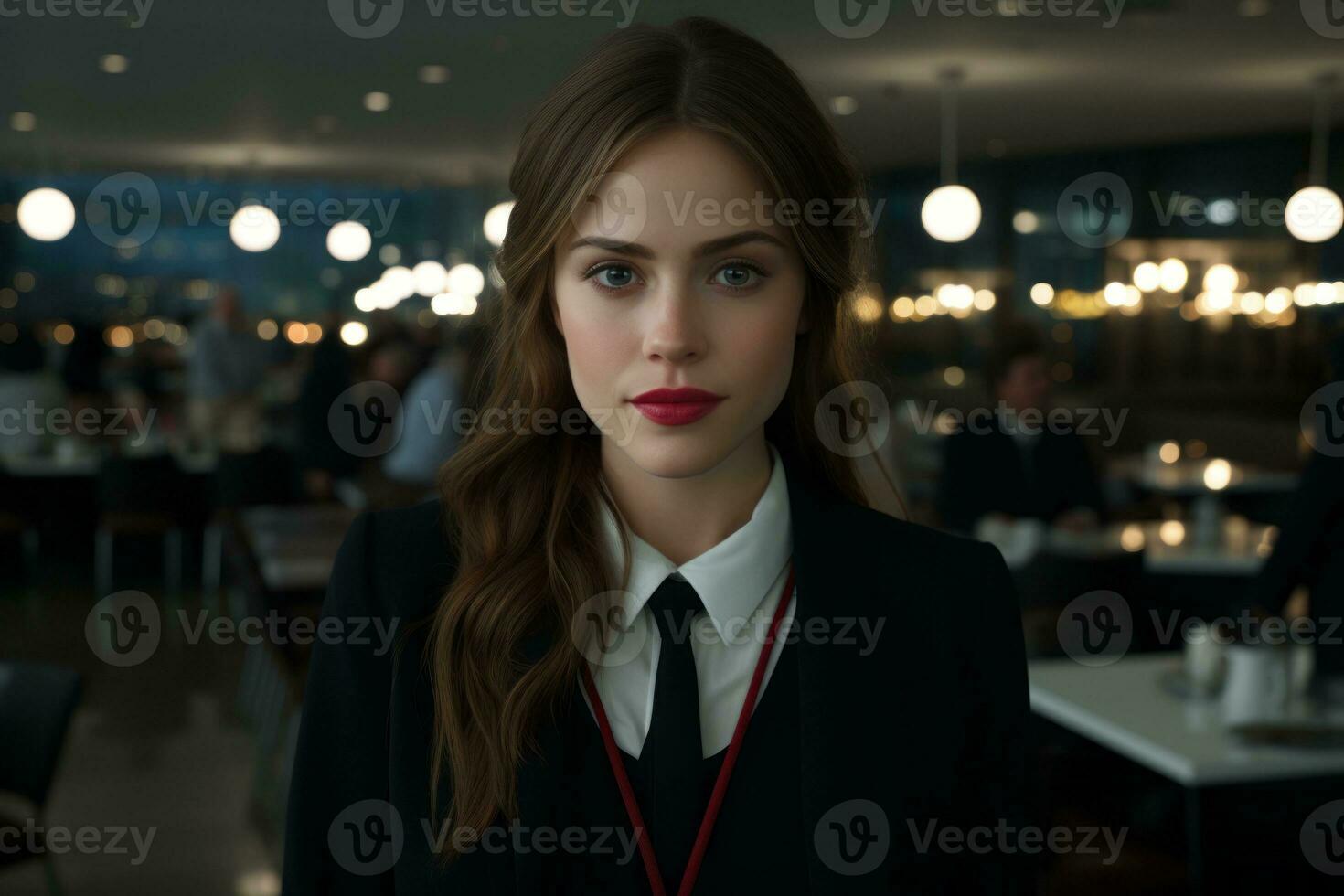 a woman in a suit and tie standing in a restaurant generative ai photo