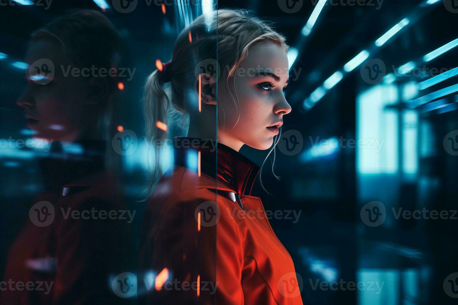 a woman in an orange jacket standing in front of a mirror generative ai photo