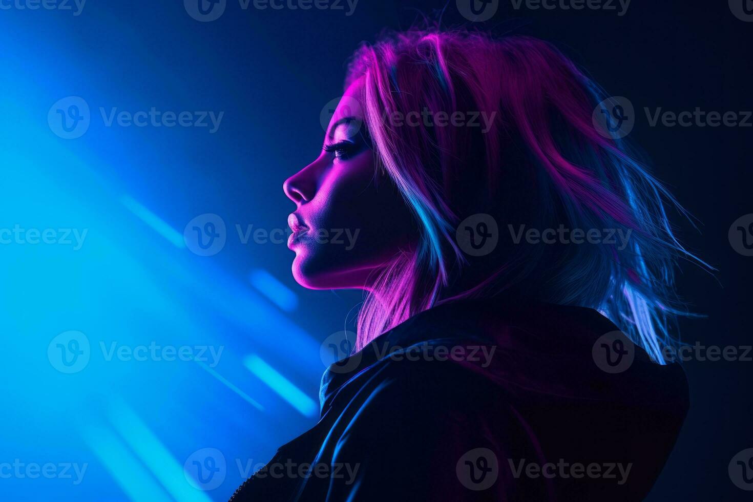 a woman in front of a blue and purple light generative ai photo