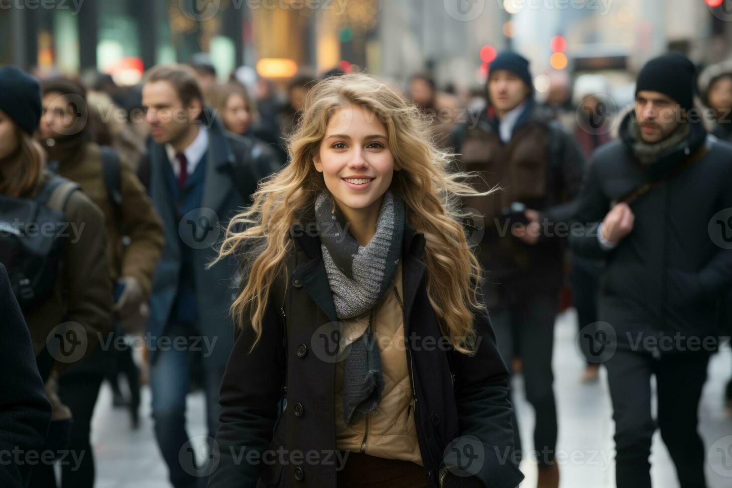 a woman is walking down the street with a group of people behind her generative ai photo