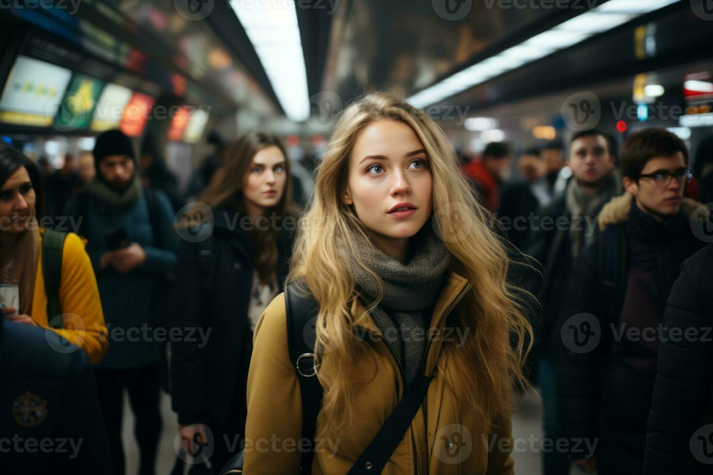a woman standing in a crowded subway station generative ai photo