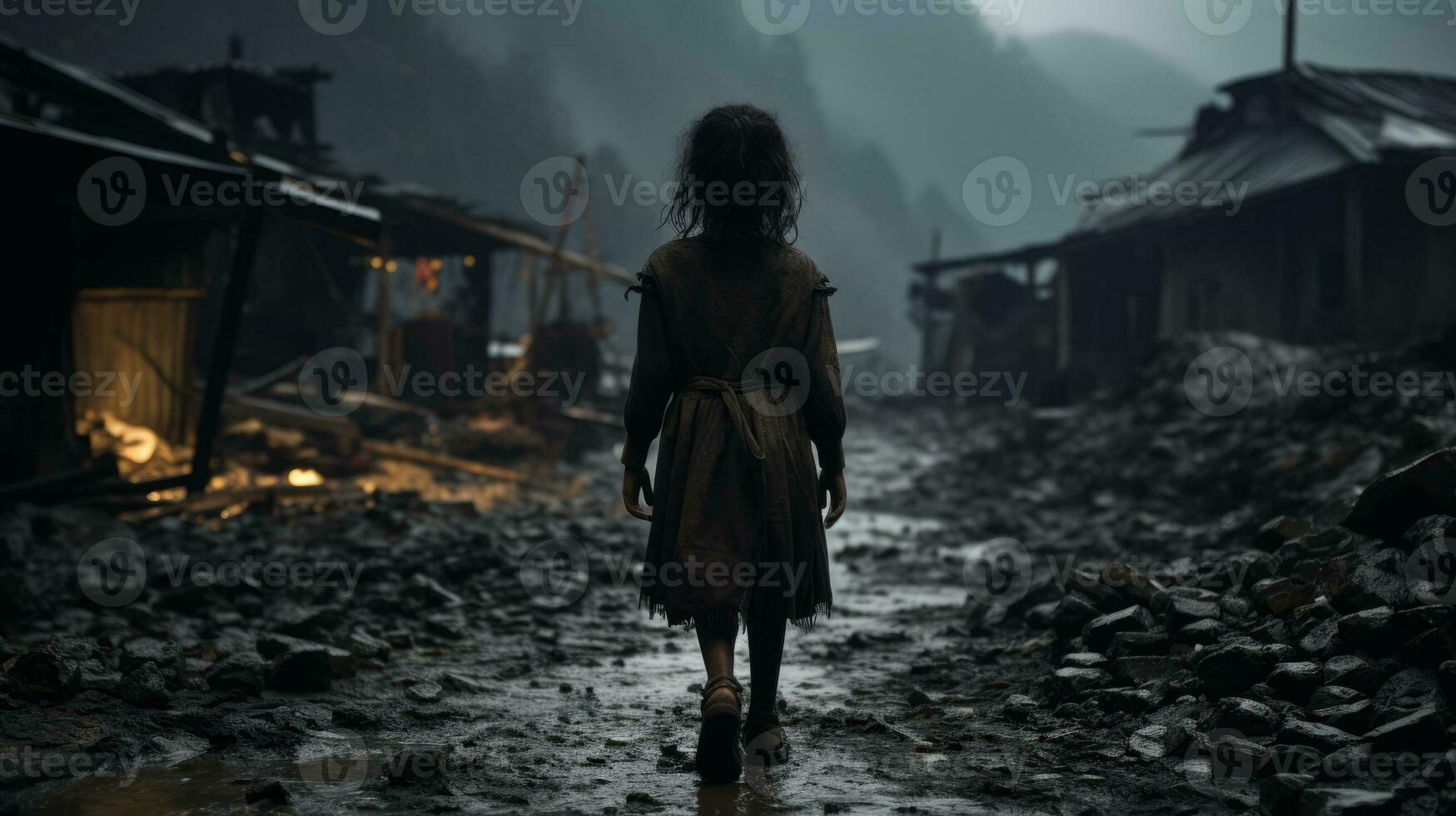 a woman walks through a ruined village at night generative ai photo