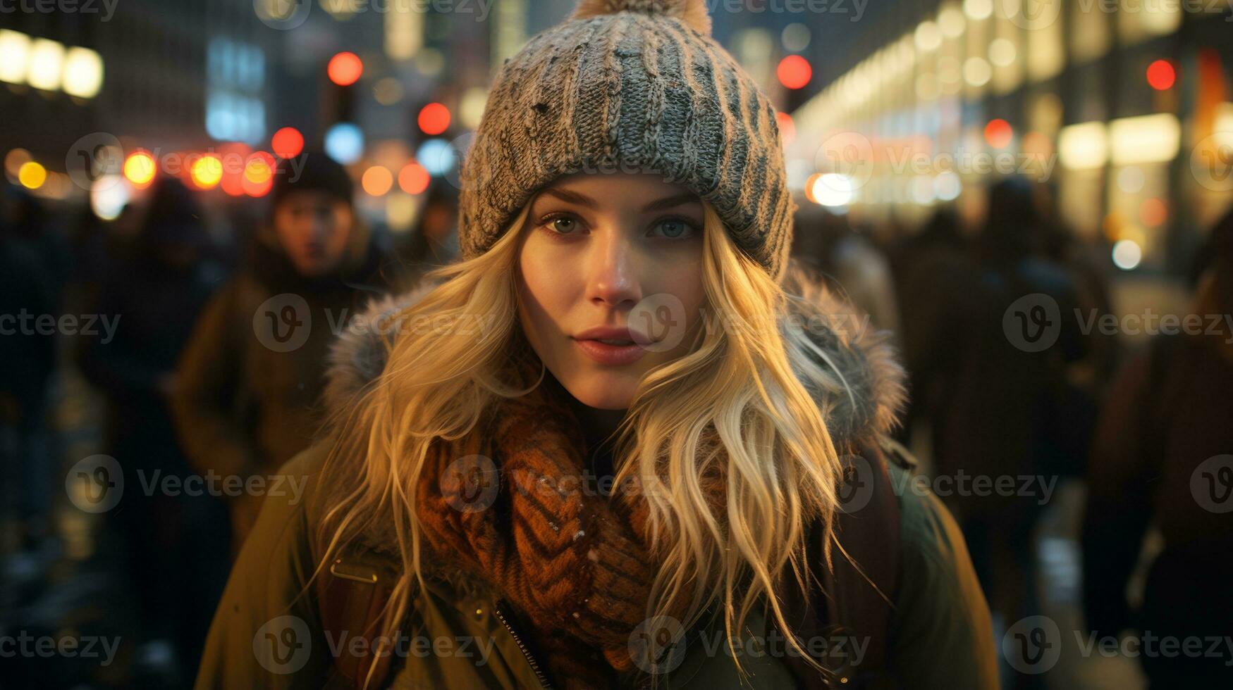 a woman wearing a beanie standing in the middle of a crowded street generative ai photo