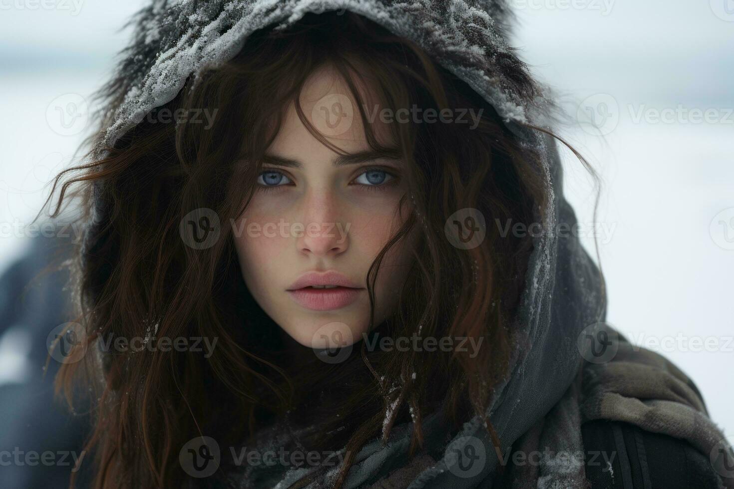 a woman with blue eyes in the snow generative ai photo