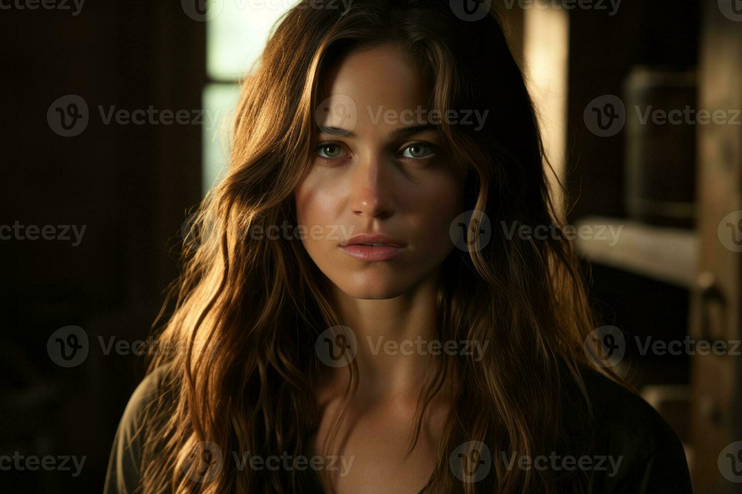 a woman with long brown hair staring into the camera generative ai photo