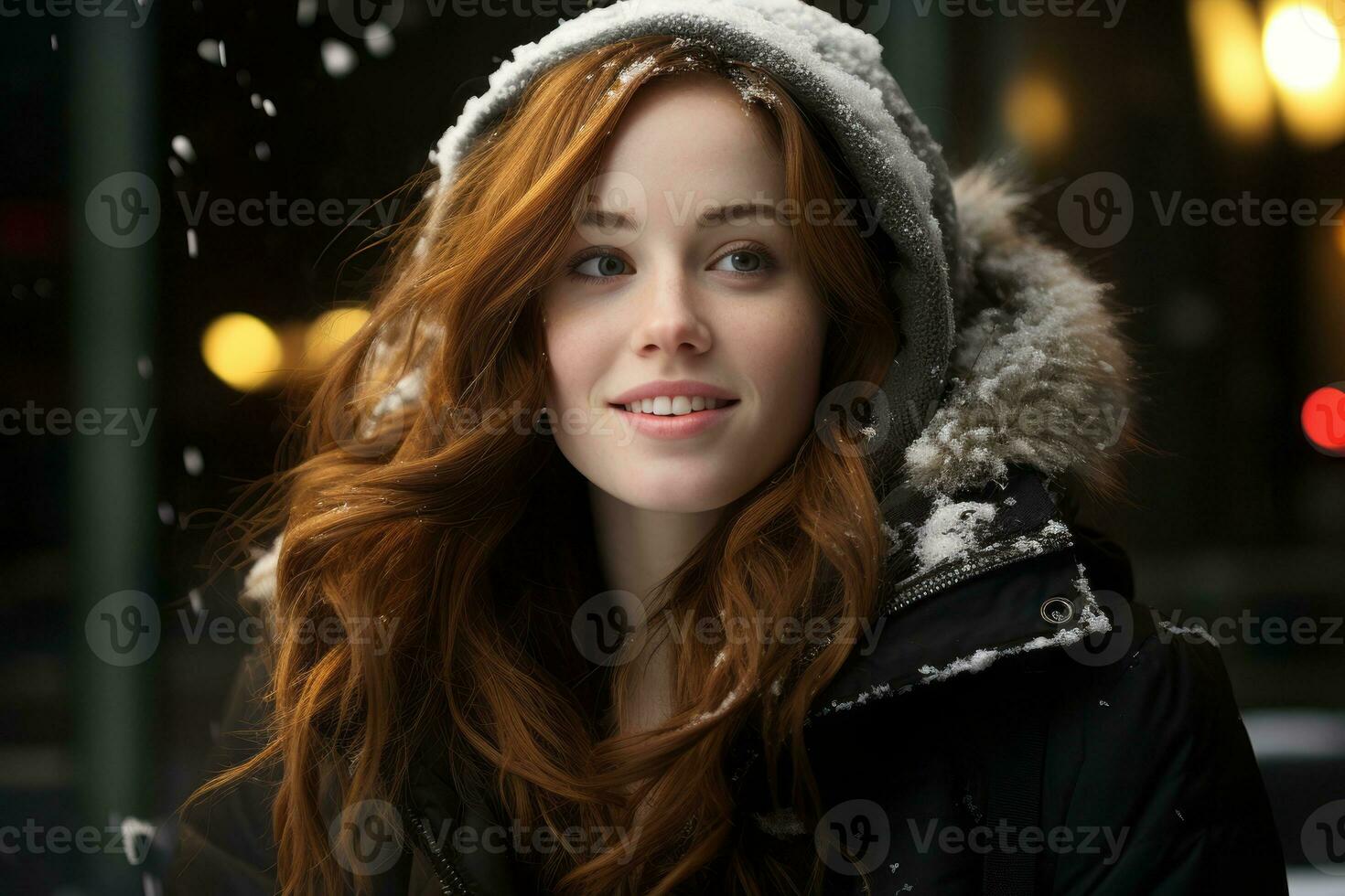 a woman with long red hair is smiling in the snow generative ai photo