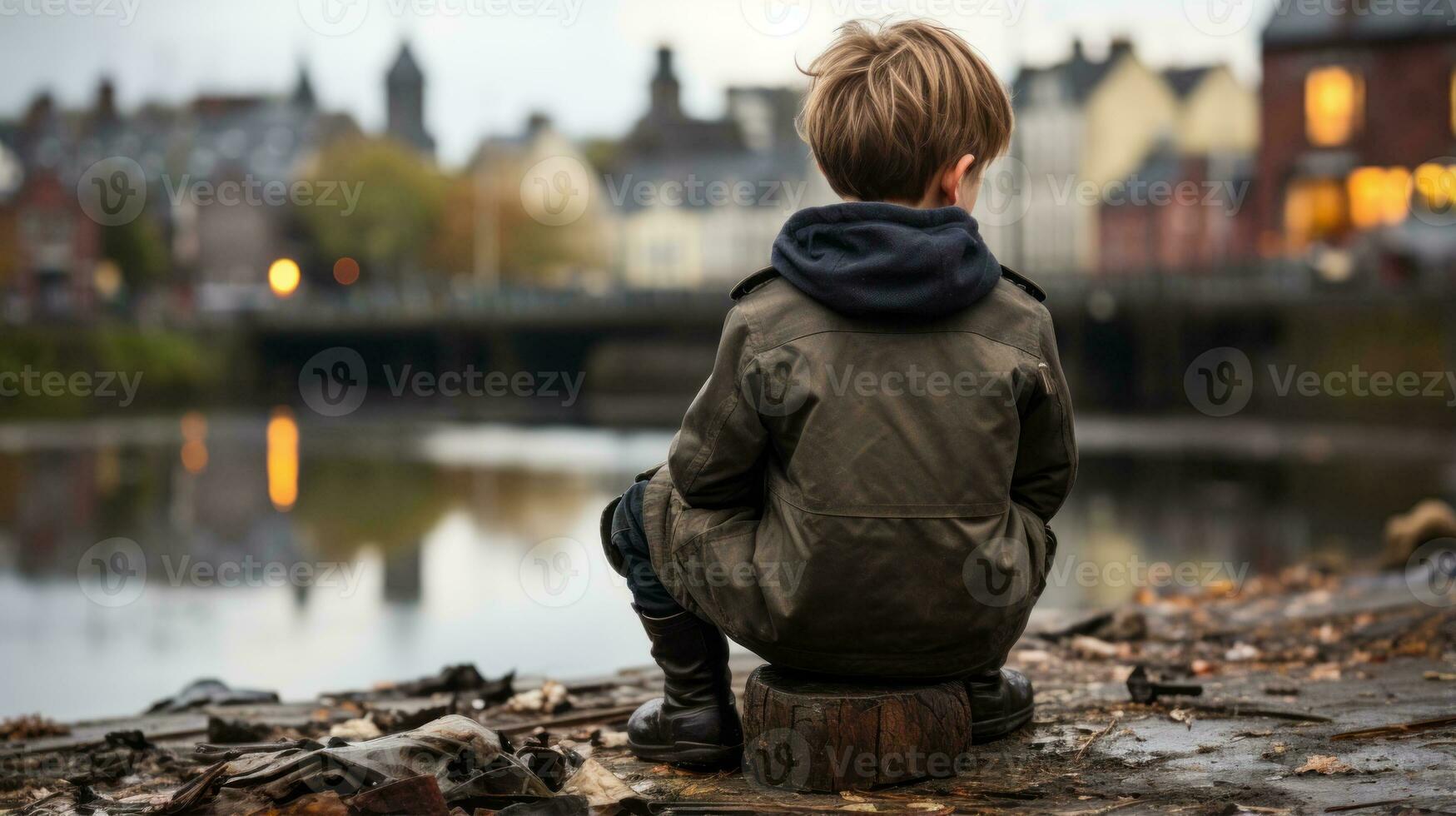 a young boy sitting on a log by a river generative ai photo