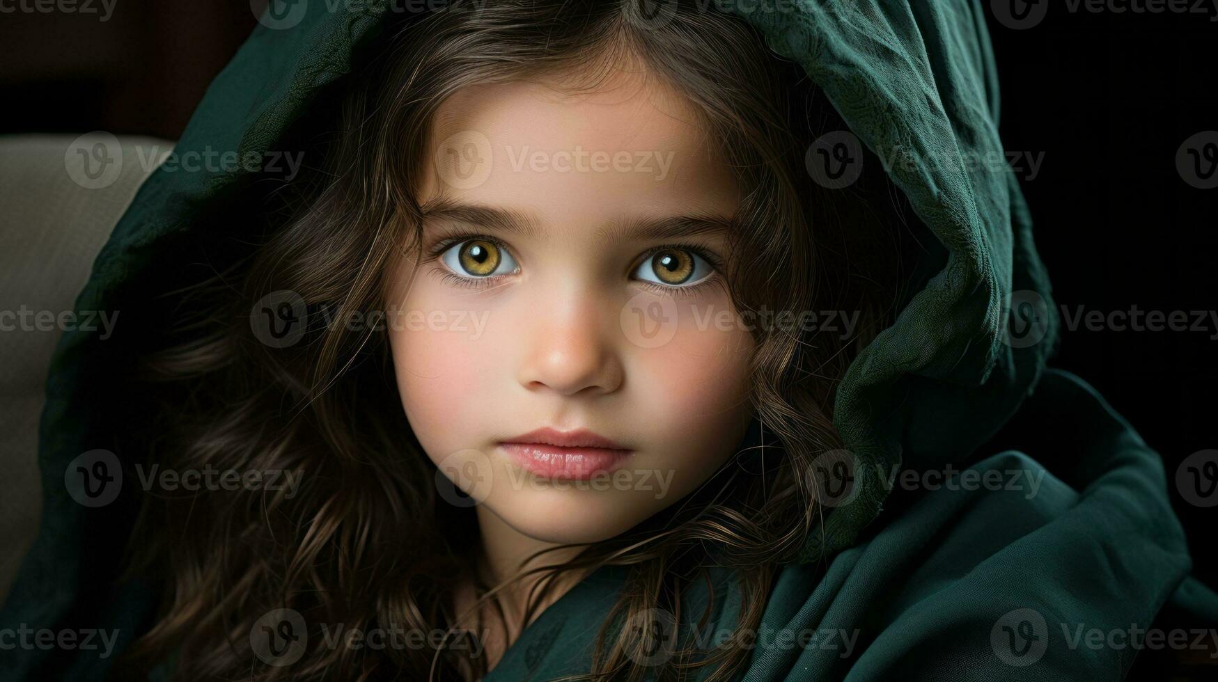 a young girl in a green hoodie looking at the camera generative ai photo