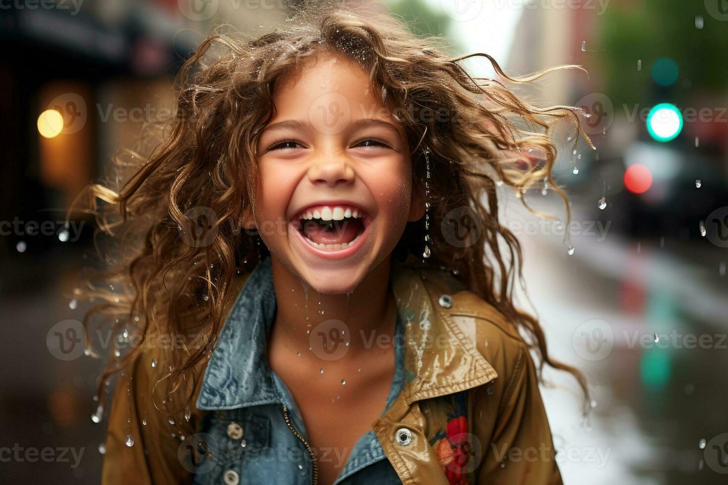 a young girl is laughing while standing in the rain generative ai photo