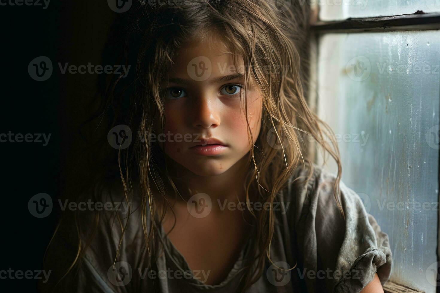 a young girl is looking out a window generative ai photo