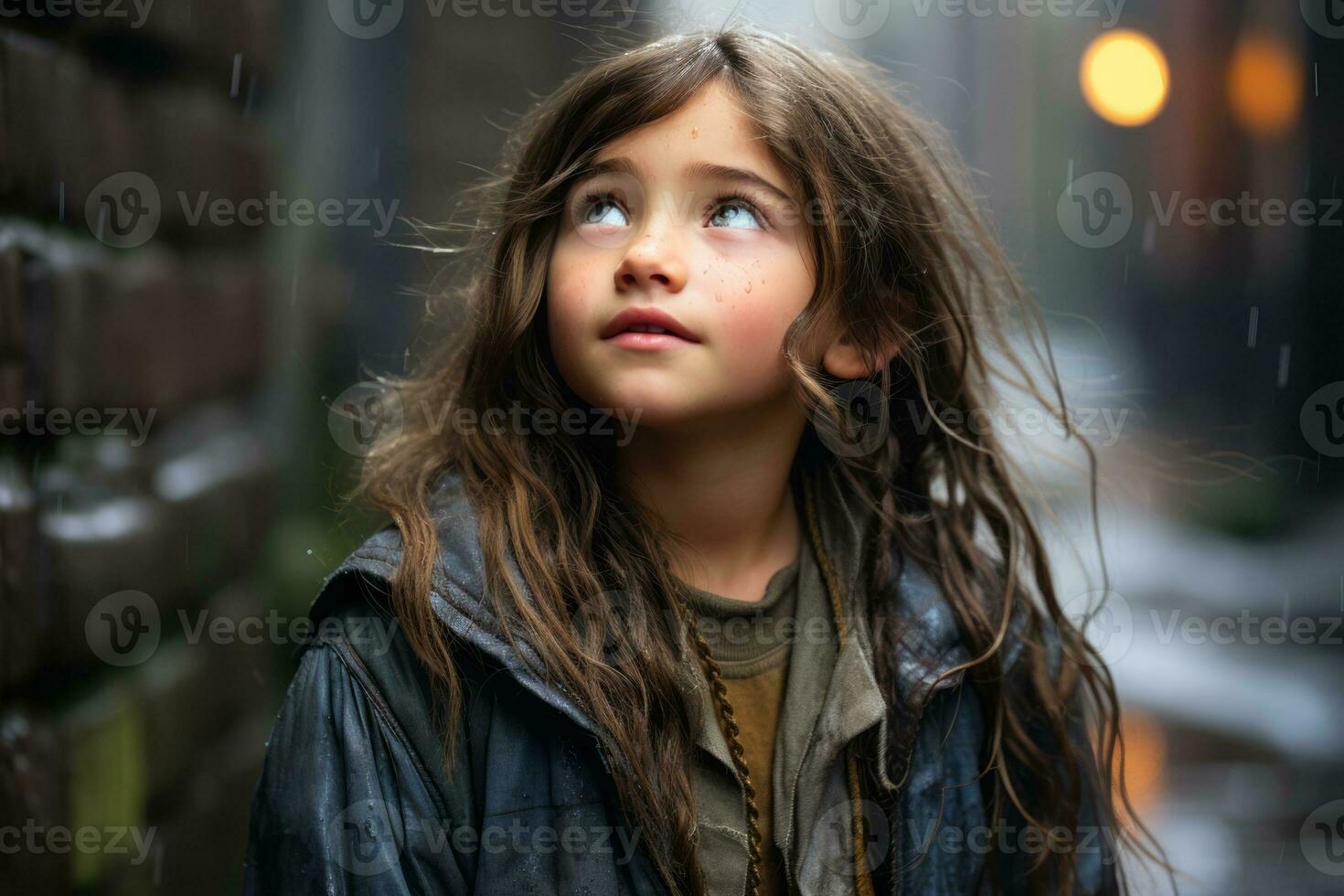 a young girl looking up at the sky in the rain generative ai photo