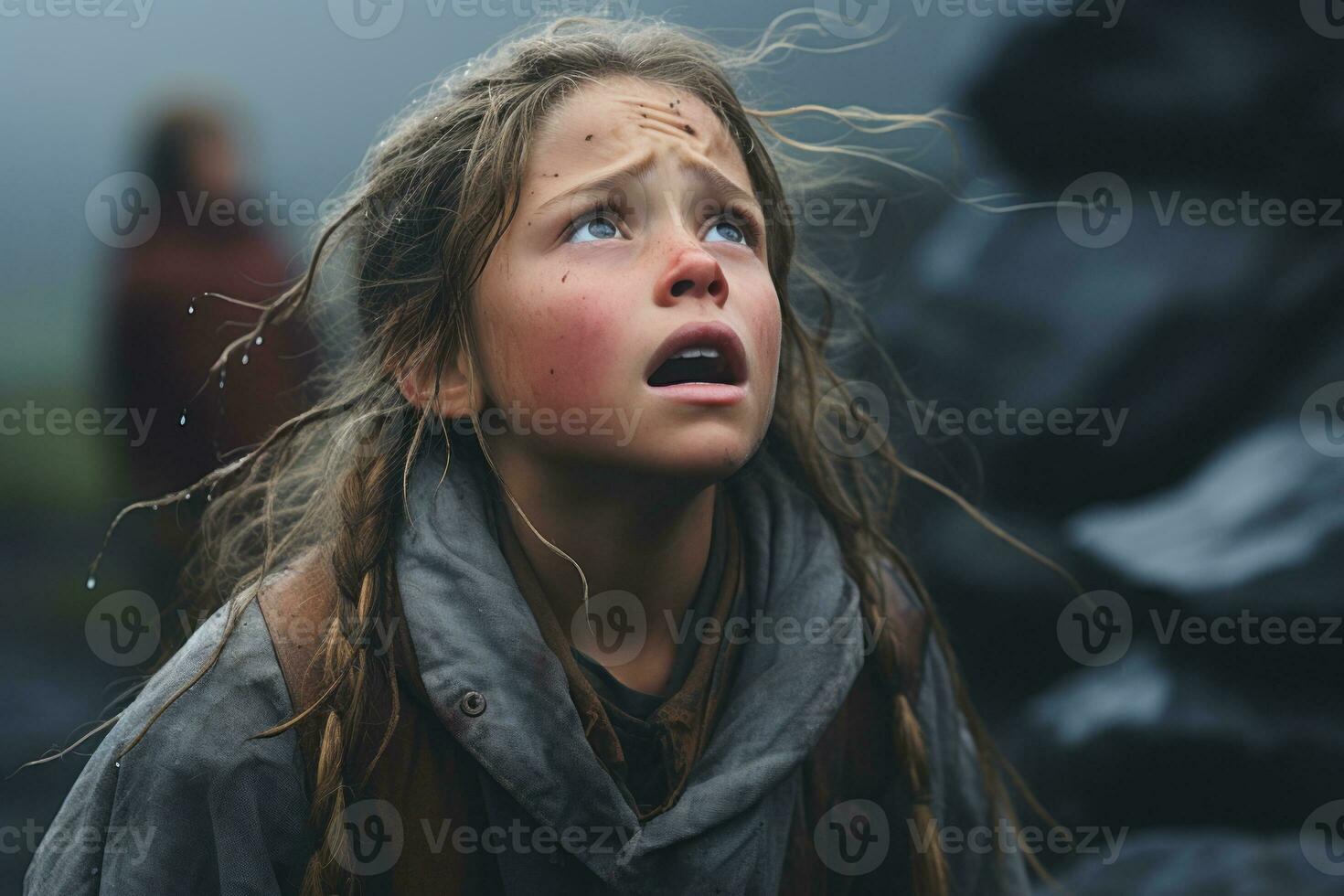 a young girl looks up at the camera while standing in front of some rocks generative ai photo