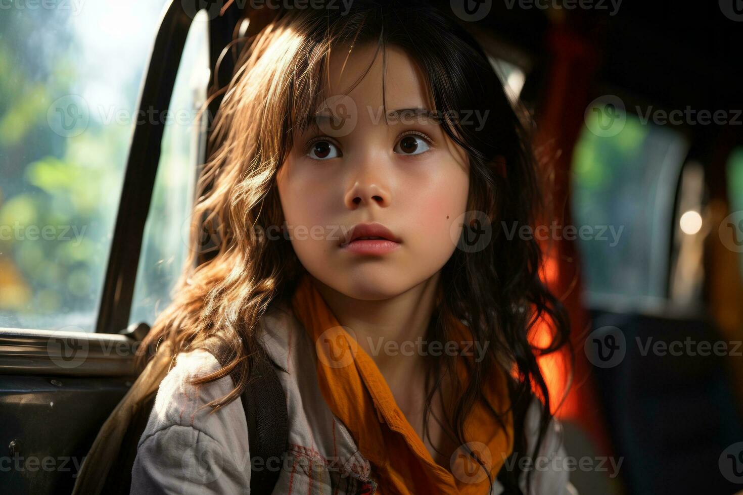 a young girl sitting in the back seat of a car generative ai photo