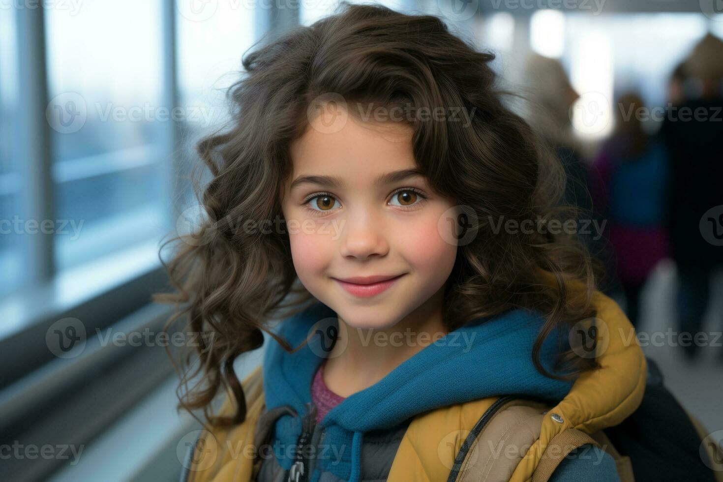a young girl with a backpack in an airport generative ai photo