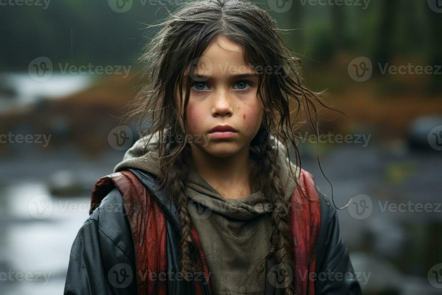a young girl with braids standing in front of a river generative ai photo