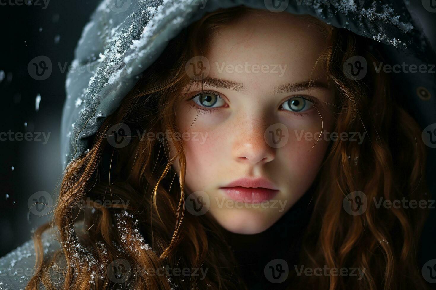 a young girl with blue eyes in the snow generative ai photo