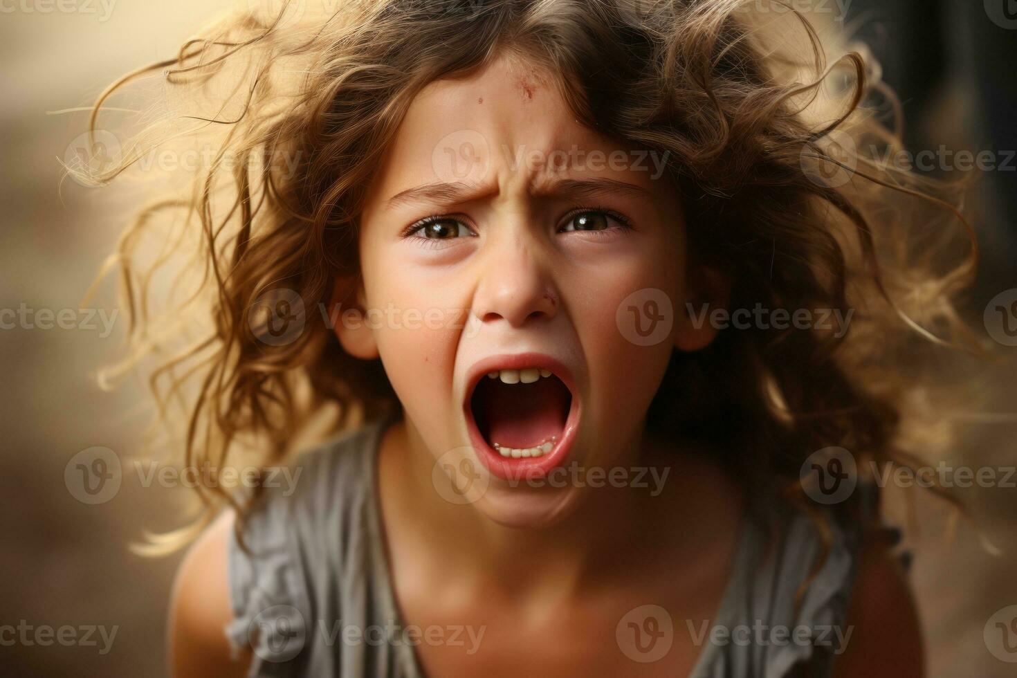 a young girl with her mouth open and her hair blowing in the wind generative ai photo