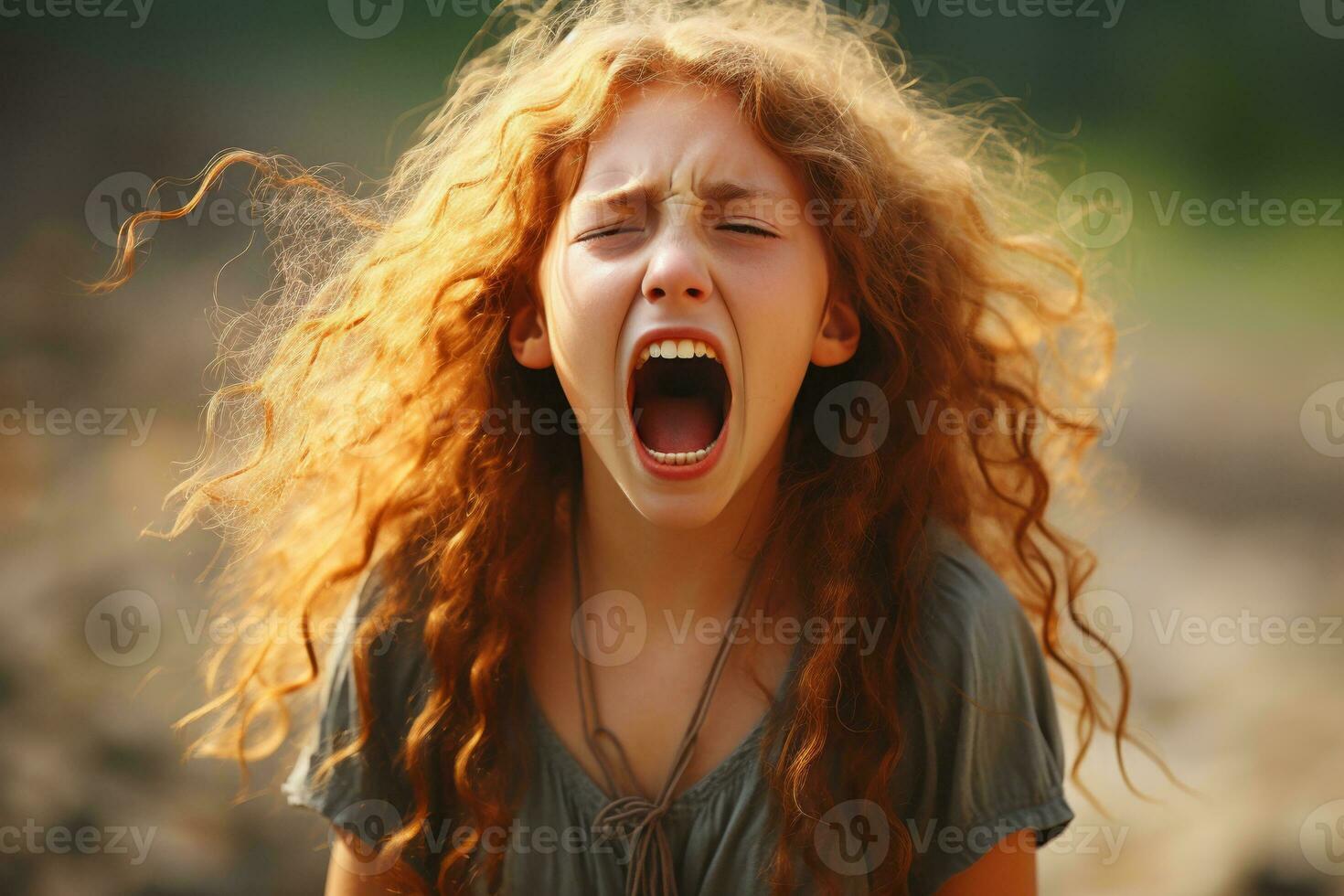 a young girl with her mouth open in a field generative ai photo