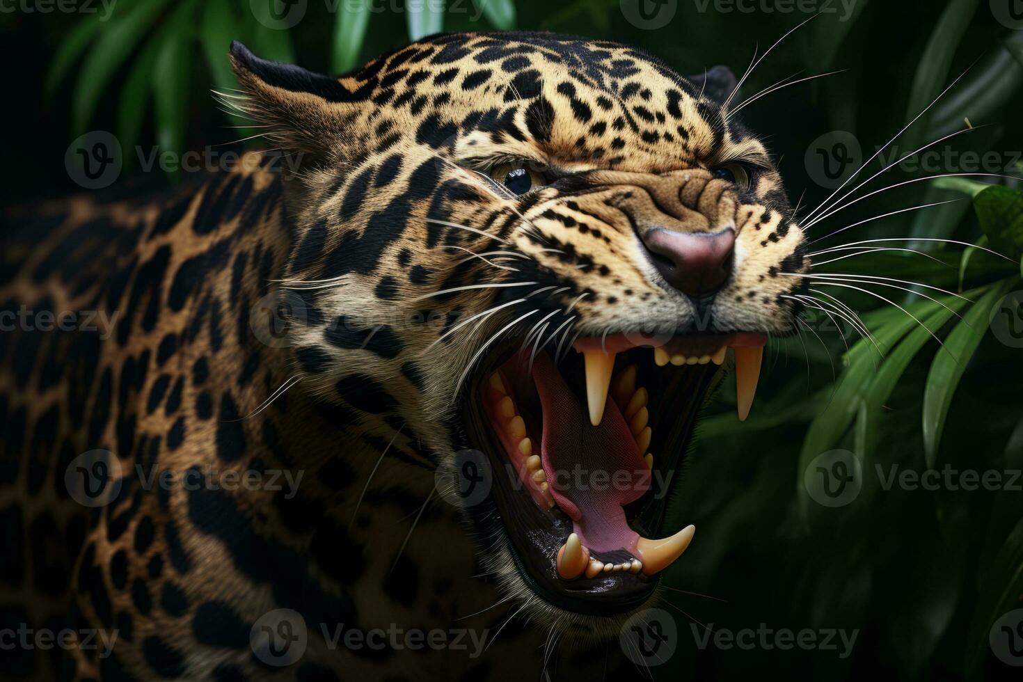 an angry jaguar with its mouth open in the jungle generative ai photo