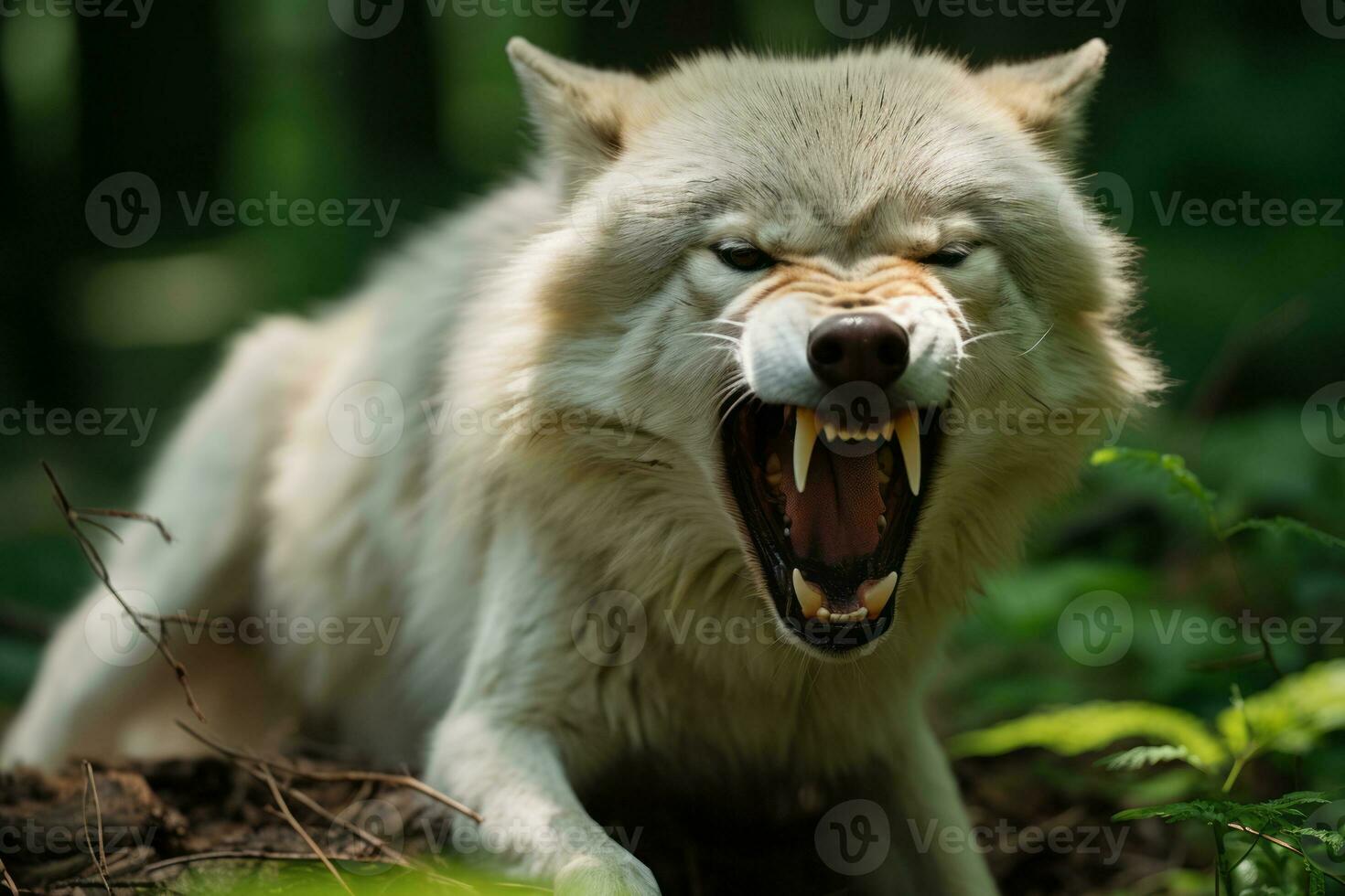 an angry white wolf with its mouth open in the woods generative ai photo