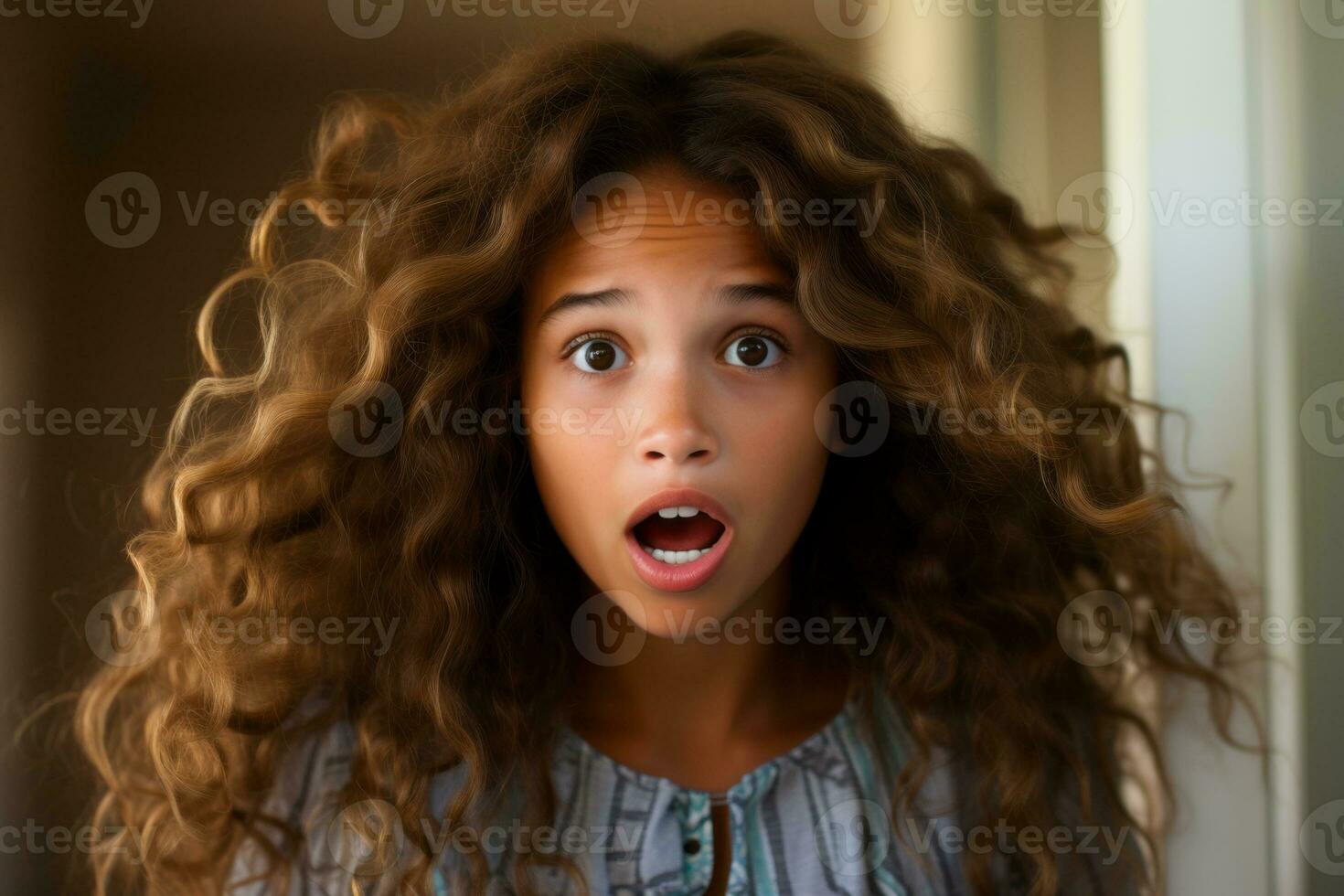 an image of a young girl with a surprised look on her face generative ai photo