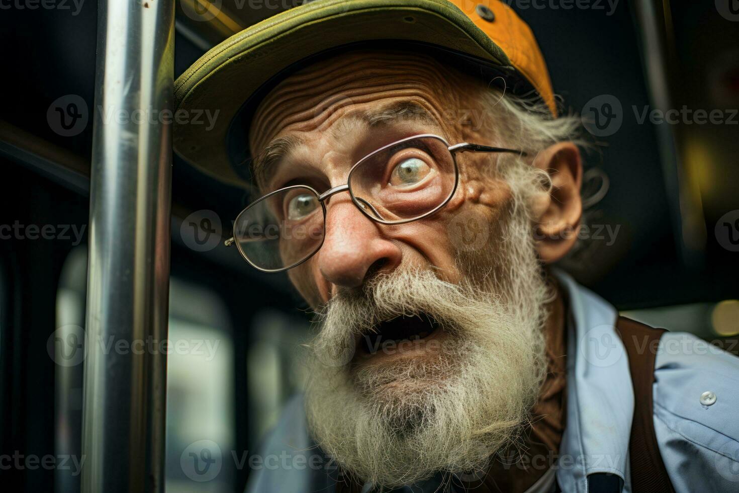 an old man with a beard and glasses on a bus generative ai photo