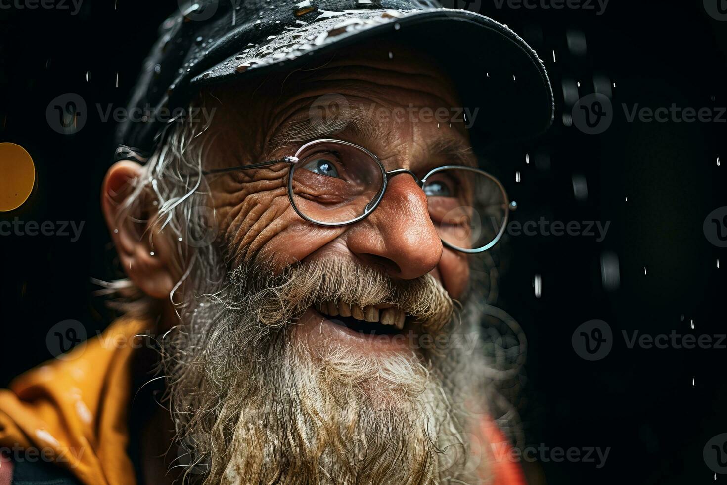 an old man with glasses and a beard smiles in the rain generative ai photo