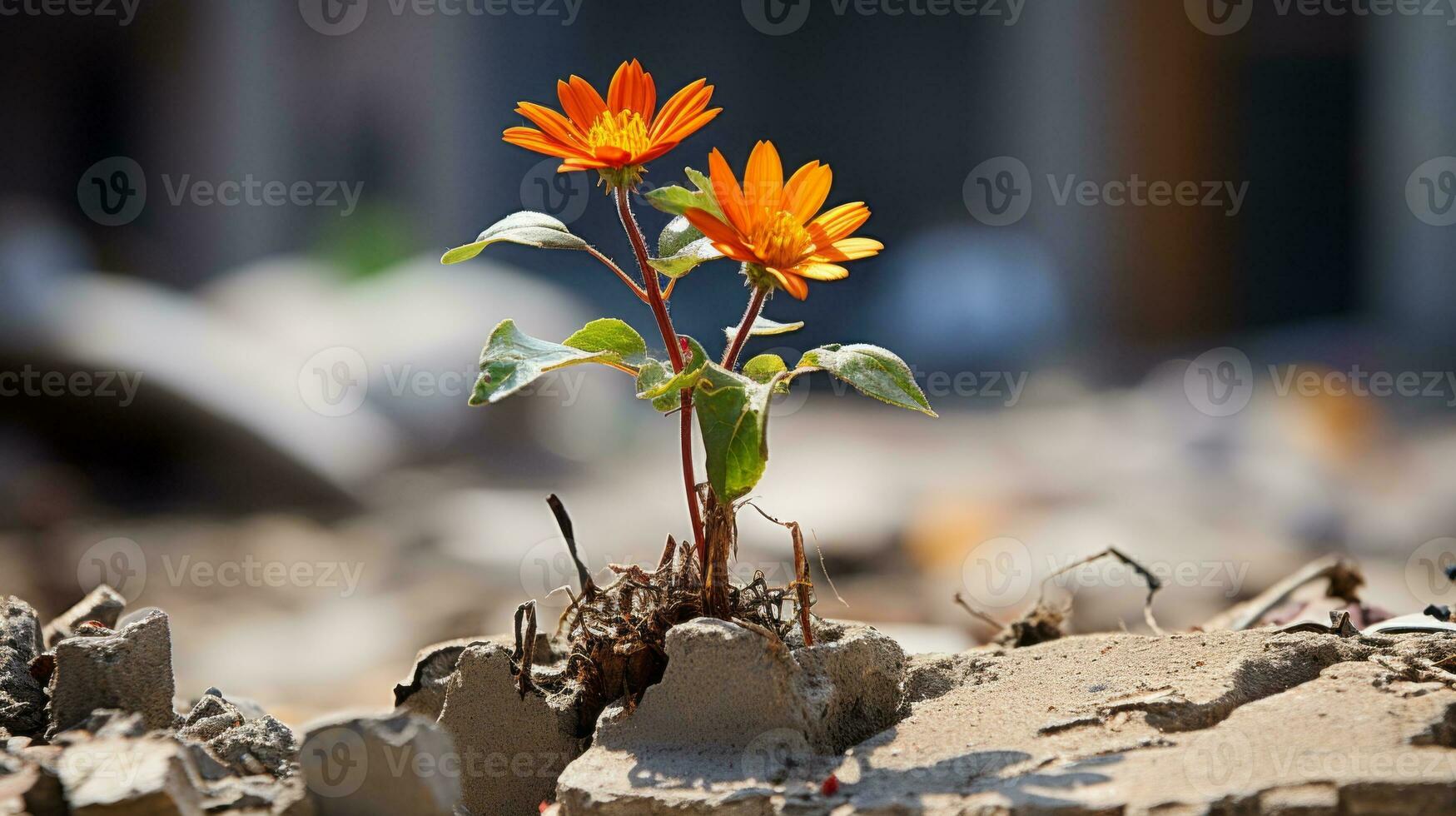 an orange flower growing out of a pile of rubble generative ai photo