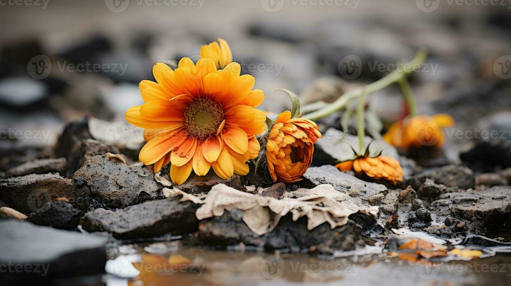 an orange flower sits on the ground in a puddle of water generative ai photo