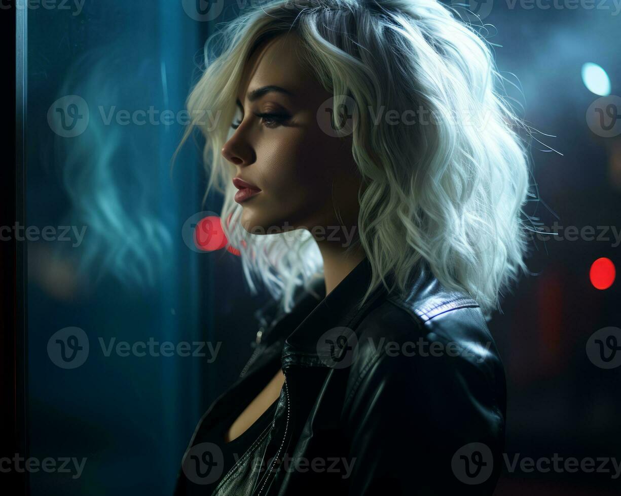 portrait of a beautiful blonde woman in a black leather jacket looking out the window at night generative ai photo