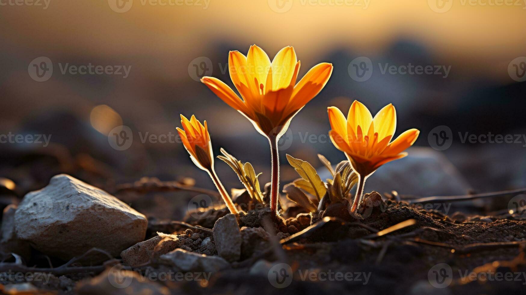 two orange flowers are growing out of the ground generative ai photo