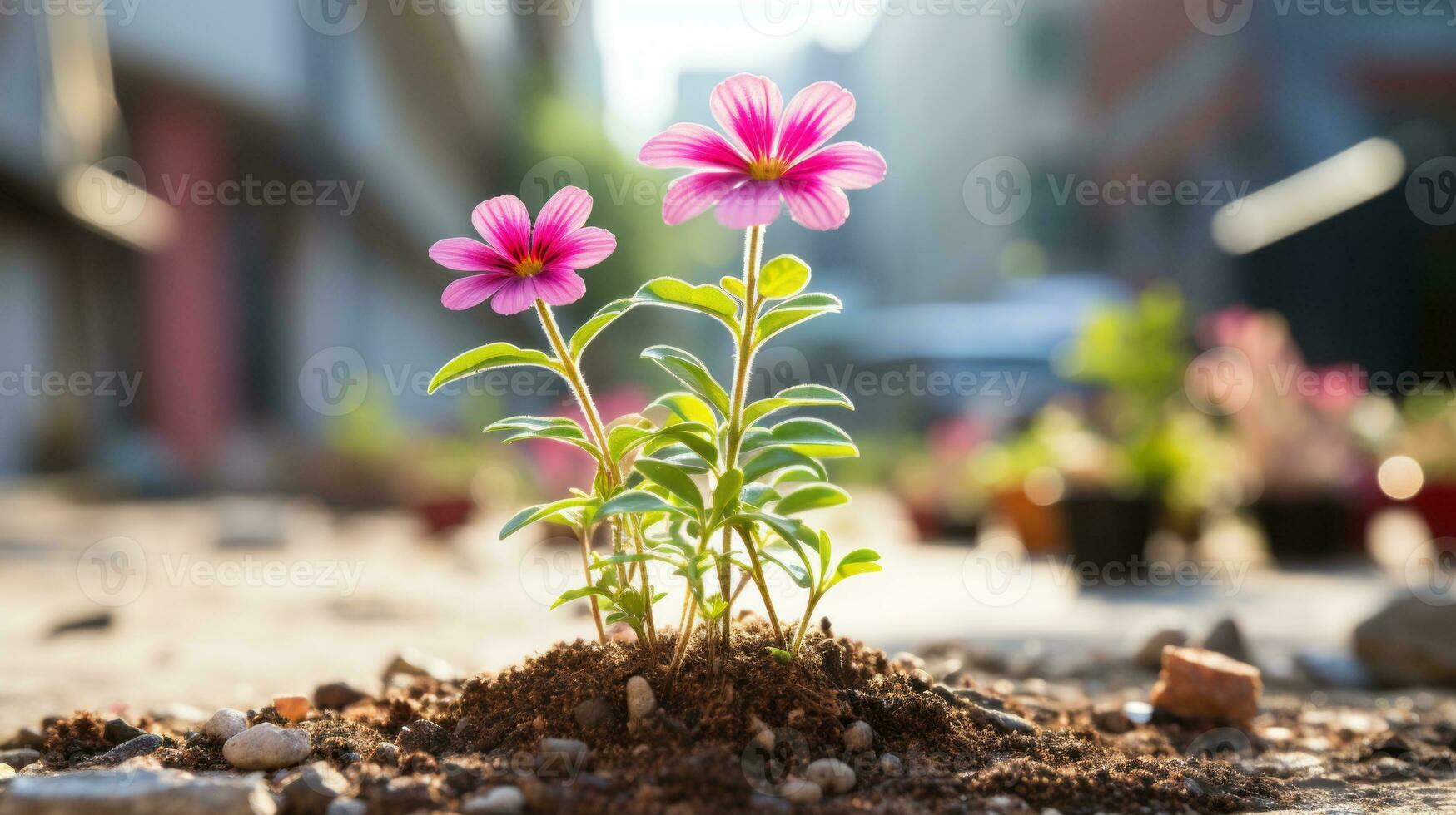 two pink flowers growing out of dirt in the middle of a street generative ai photo