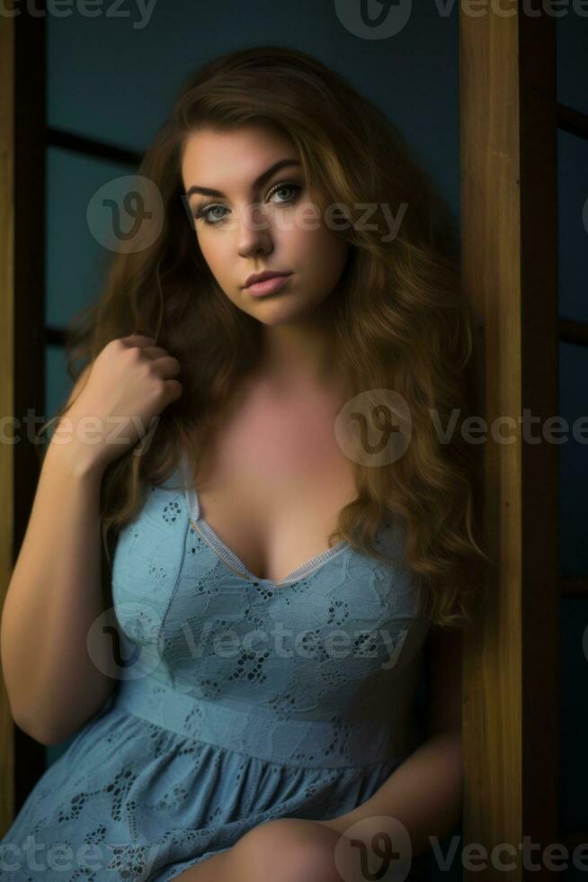 a beautiful young woman in a blue dress posing for the camera photo