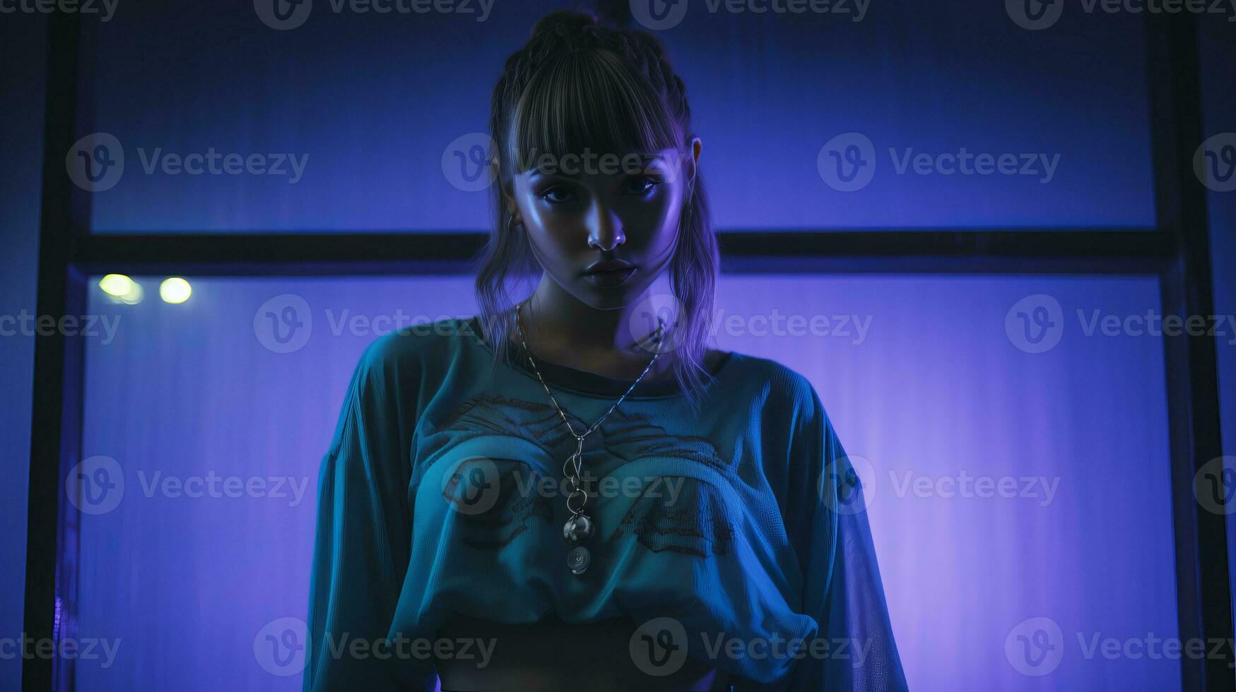 a woman in a blue shirt standing in front of a blue light generative ai photo
