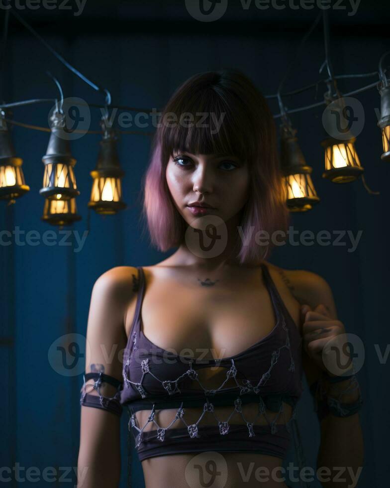 a woman with pink hair and a bra top standing in front of a string of lights generative ai photo