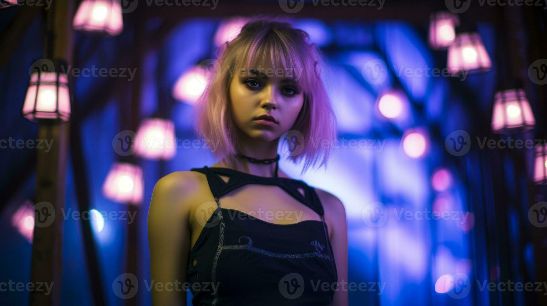 a young woman with pink hair standing in front of purple lights generative ai photo