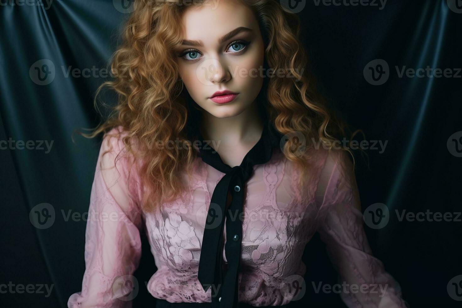 portrait of beautiful redhead girl with long curly hair on black background generative ai photo