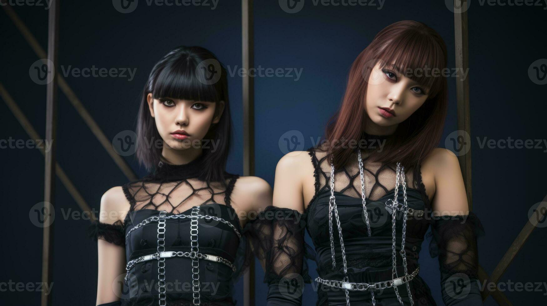 two asian women dressed in black with chains around their necks generative ai photo