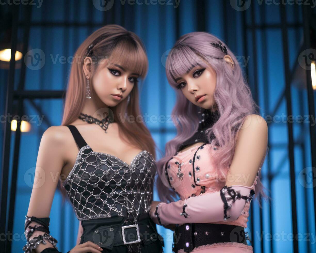 two asian women dressed in gothic outfits standing next to each other generative ai photo